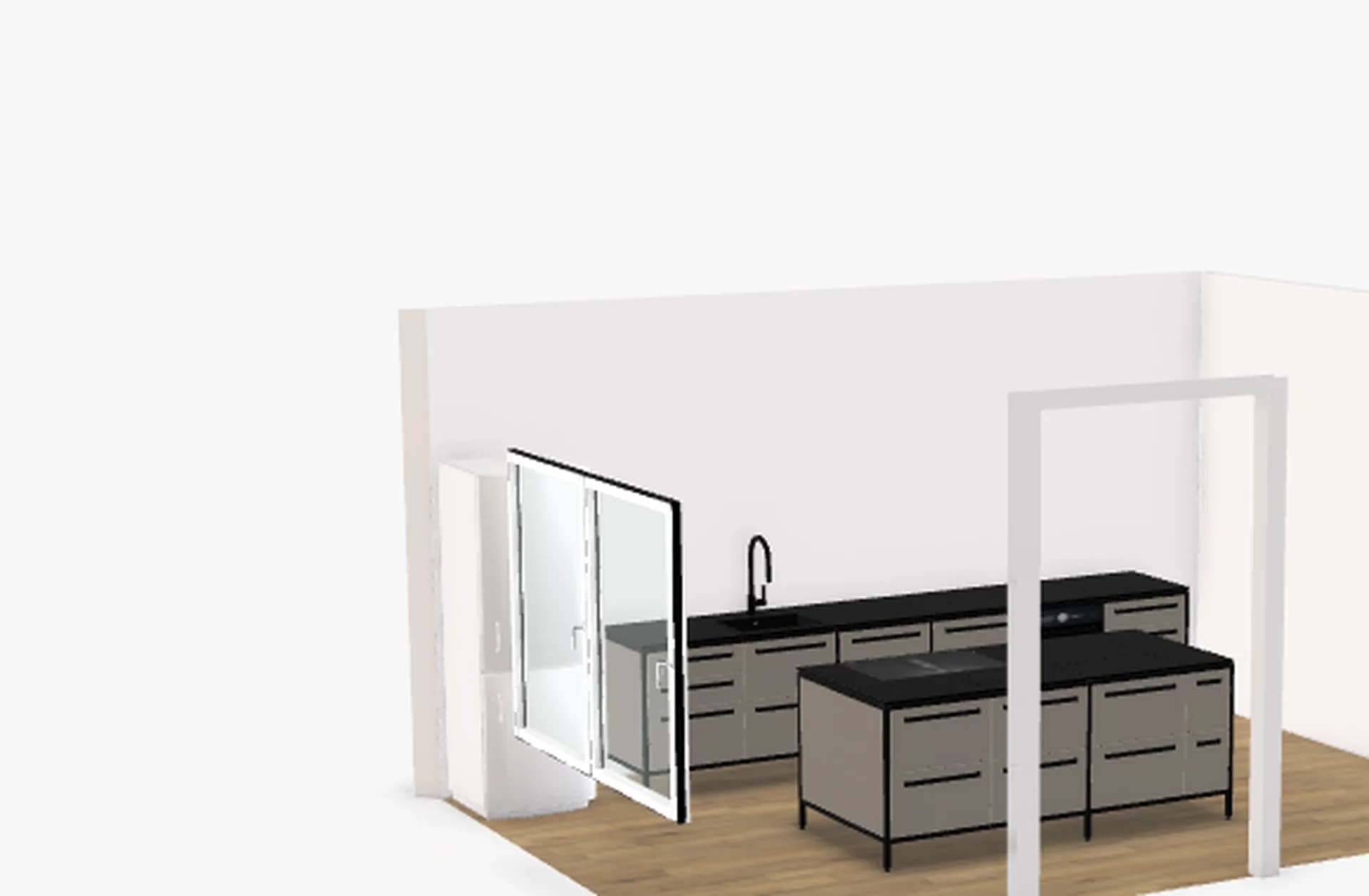 keep Modulküche: Wandmodul mit Spüle und Insel mit Induktion, Linoleum-Fronten in Taupe, Arbeitsplatte aus Max Compact in Schwarz matt