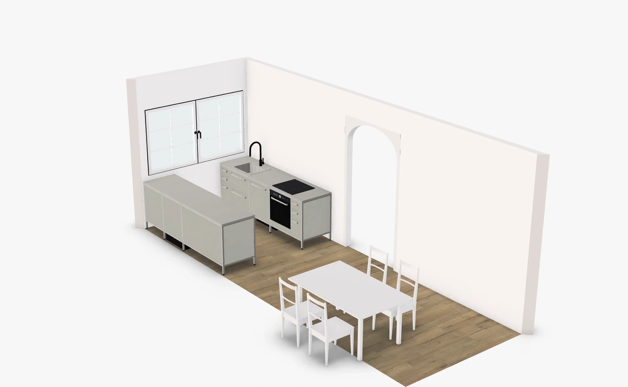 keep Modulküche: zwei Wandzeilen je 252 cm, Edelstahl-Korpus in Sonderfarbe RAL 7044, Vollholz-Fronten mit Linoleum Vapour